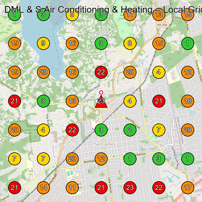 DML & S Air Conditioning & Heating Air Conditioning Contractor GeoGrid ranking map for St James NY